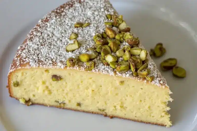 Pistachio Ricotta Cake freshly baked with powdered sugar on top