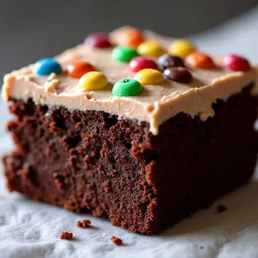 slice of cosmic brownie cake with colorful candy bits