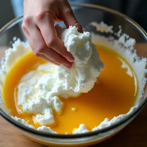 Folding whipped egg whites into cottage cheese mixture for cloud bread