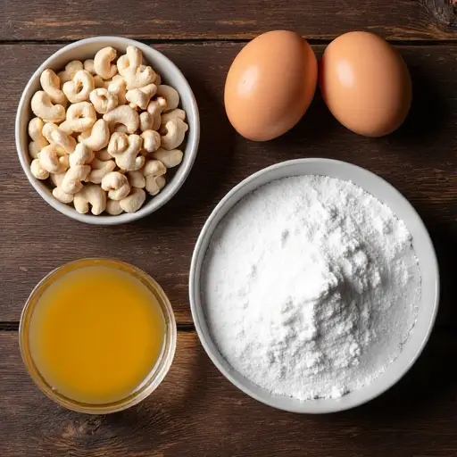 Ingredients for cashew cake islands on wooden table