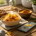 Turmeric wellness crisps in a bowl with golden lighting