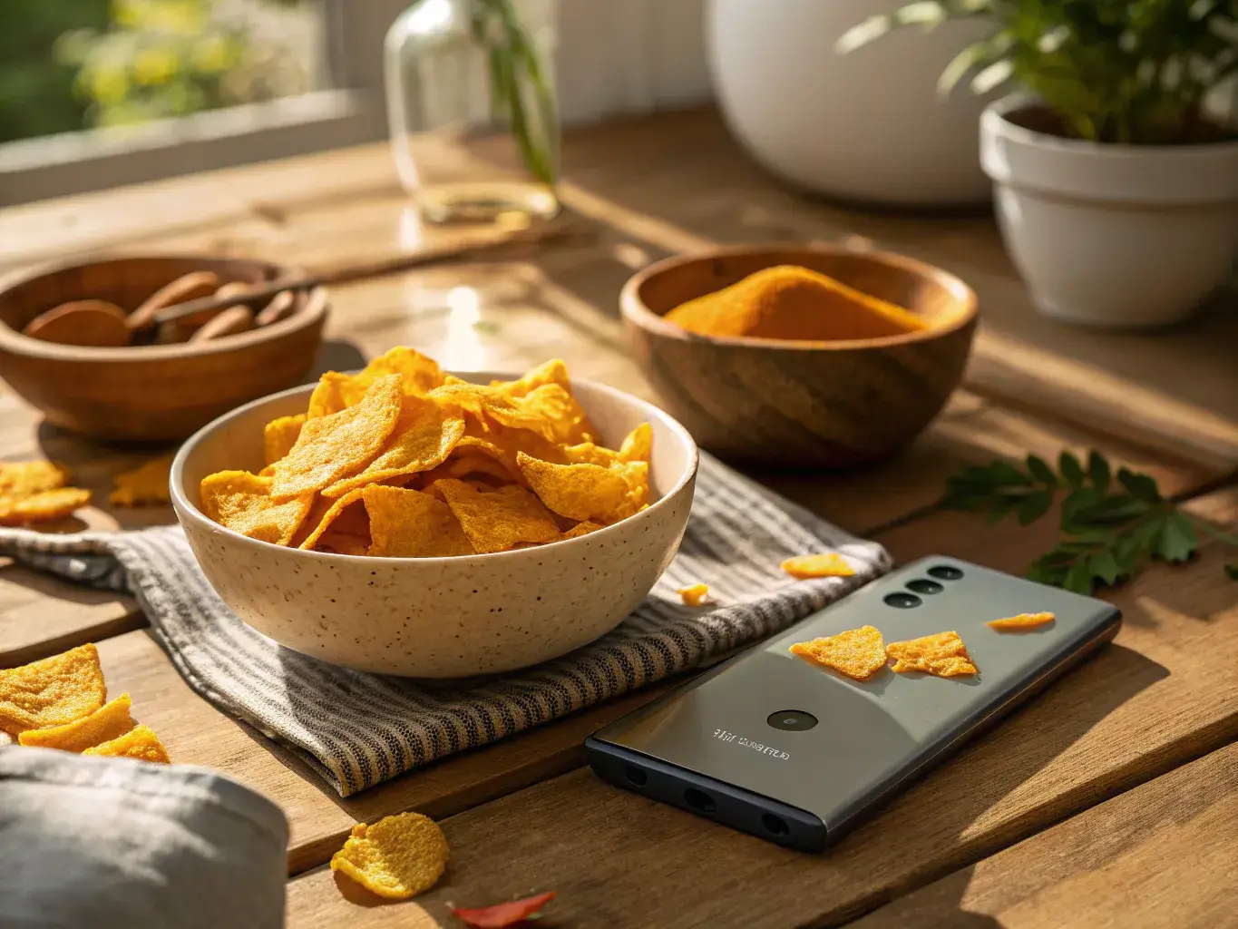 Turmeric wellness crisps in a bowl with golden lighting