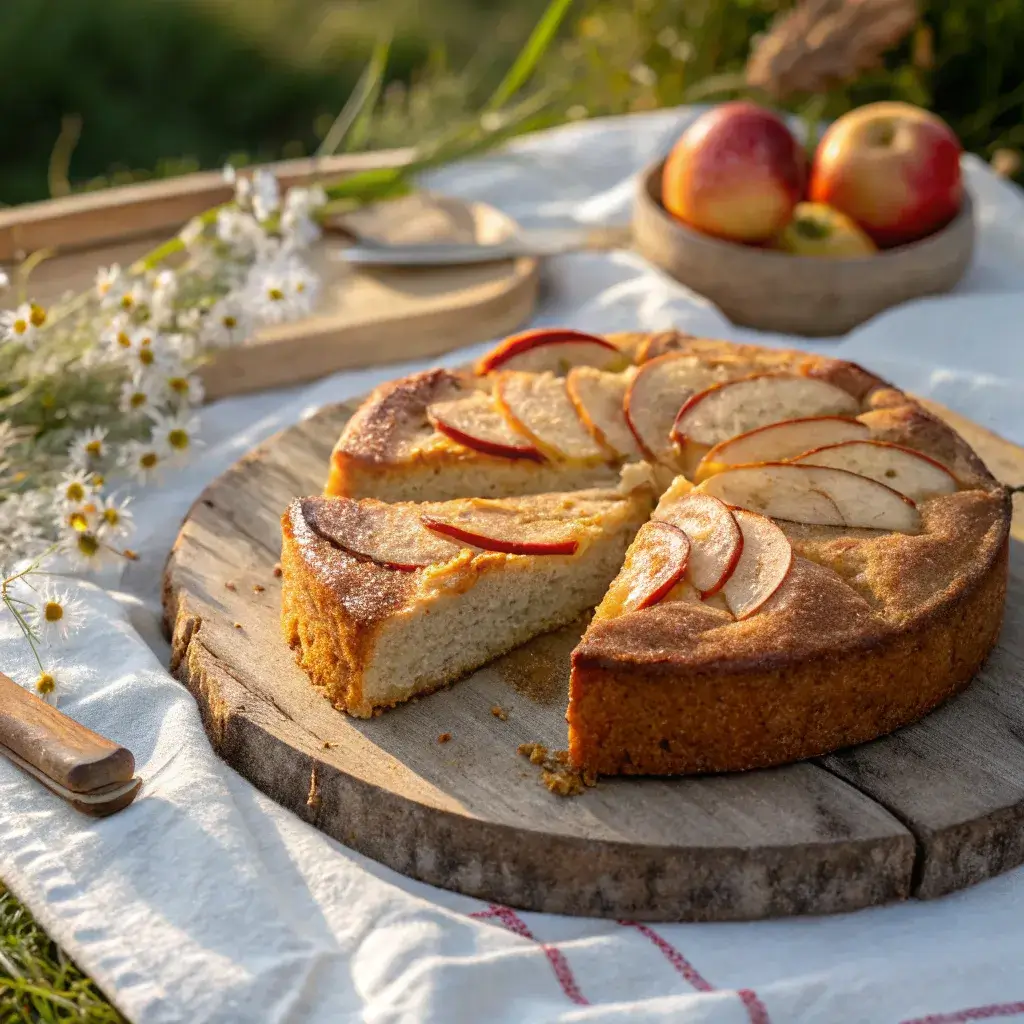 French apple cake at a scenic picnic