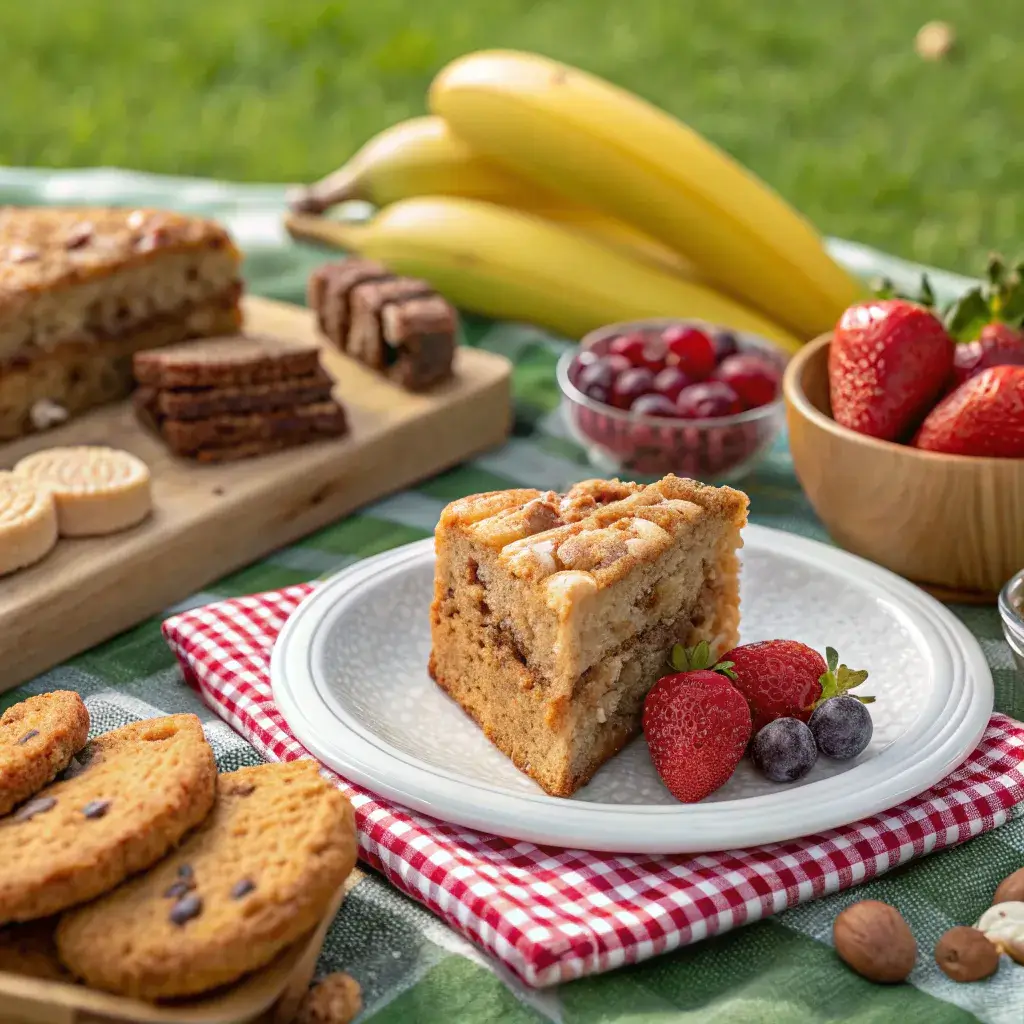 Banana bread cake slice at a sunny picnic