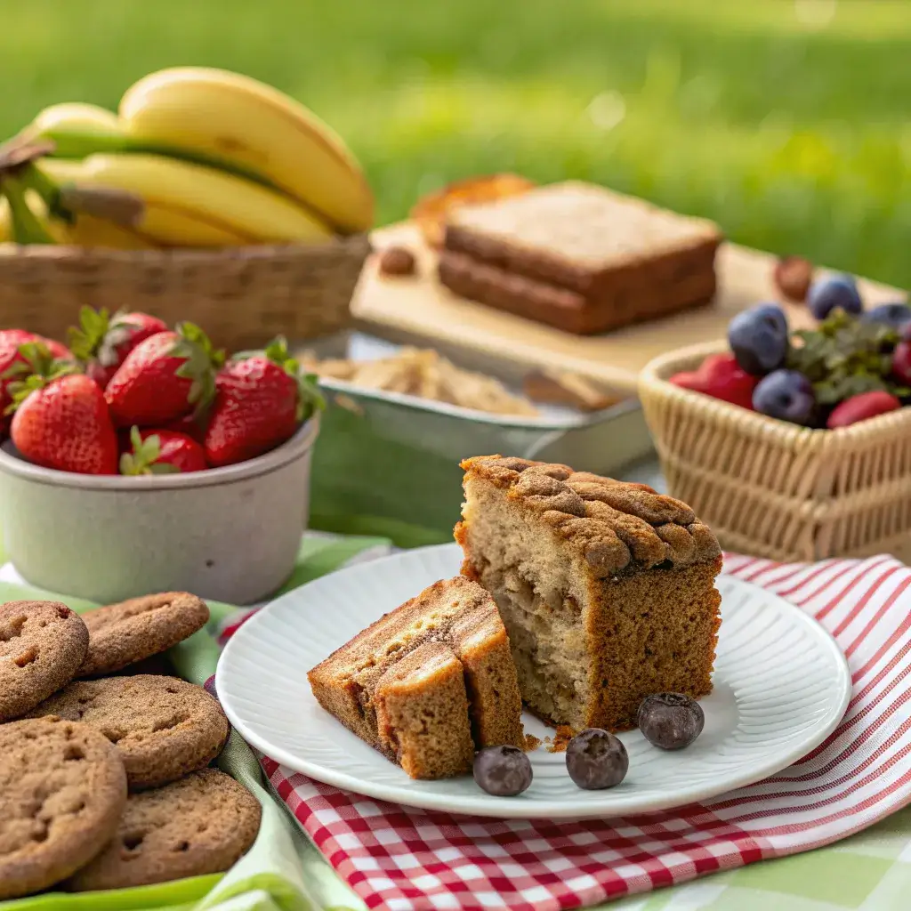 Banana bread cake slice at a sunny picnic