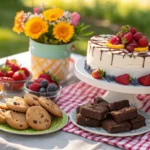 Picnic dessert table with cookies and brownies