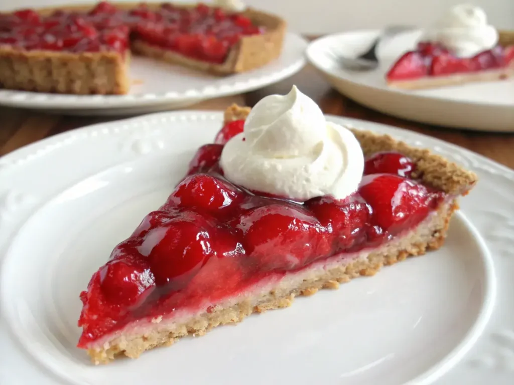 Served slice of sugar free cherry pie with topping
