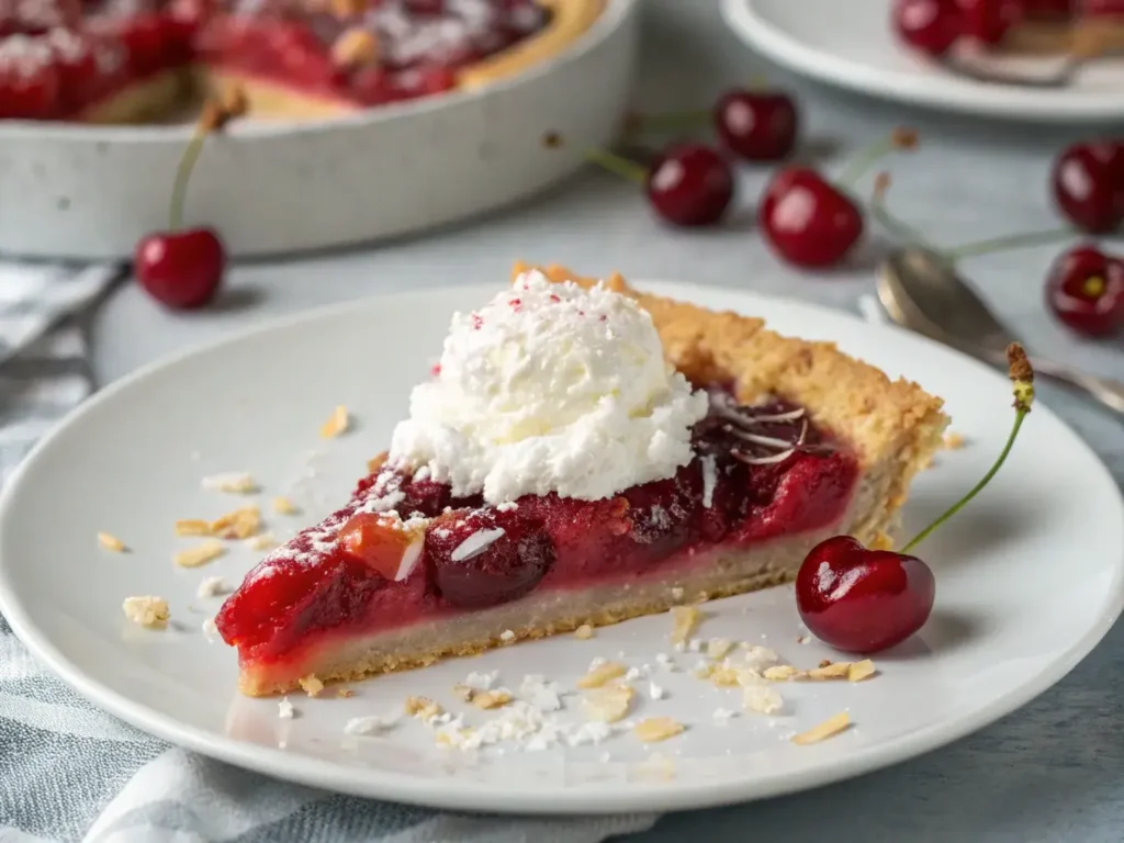 Served slice of sugar free cherry pie with topping