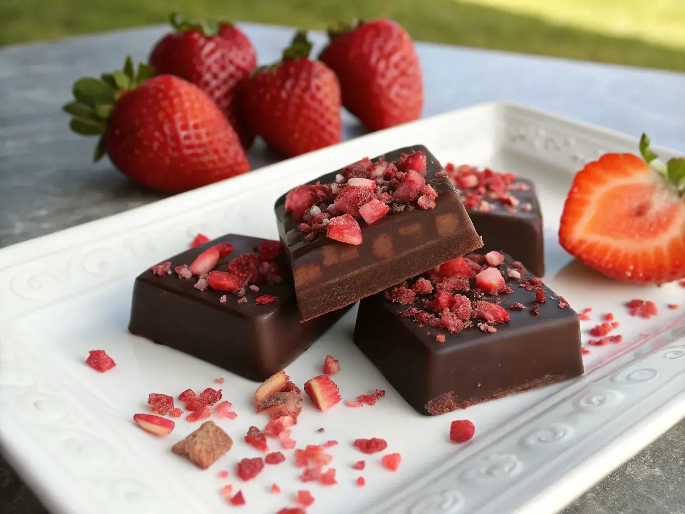 Dubai chocolate gluten free strawberry bark on white plate