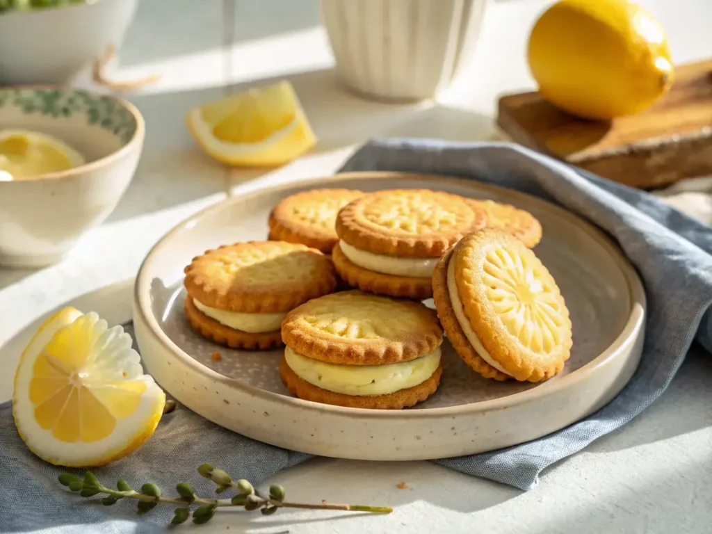 Lemon sandwich biscuits on ceramic plate with creamy filling