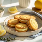 Lemon sandwich biscuits on ceramic plate with creamy filling