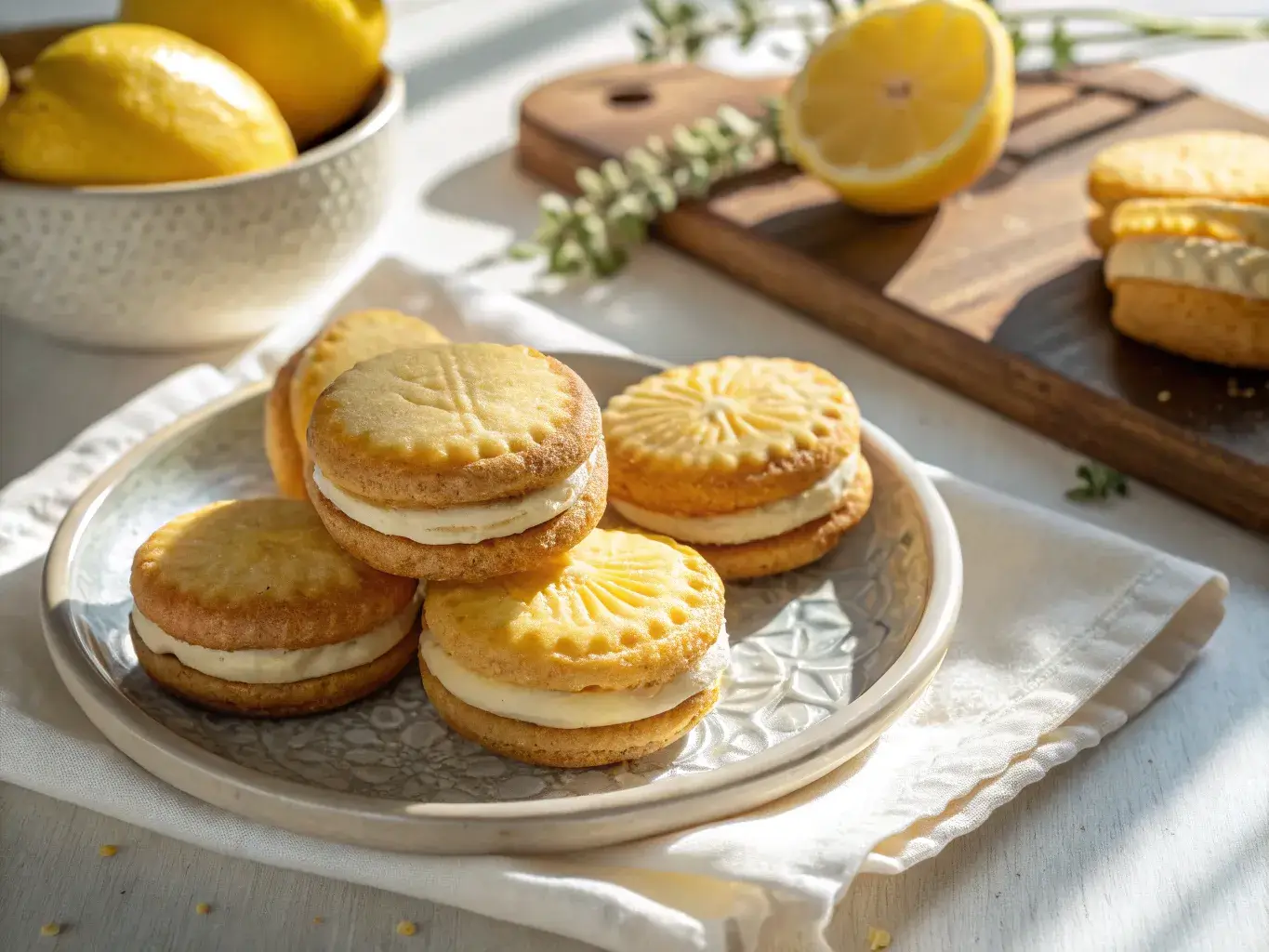 Lemon sandwich biscuits on ceramic plate with creamy filling