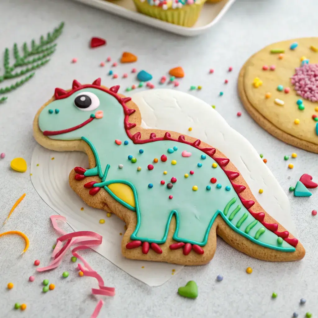 Decorated Cookies Dino with bright and colorful icing and sprinkles for extra fun.