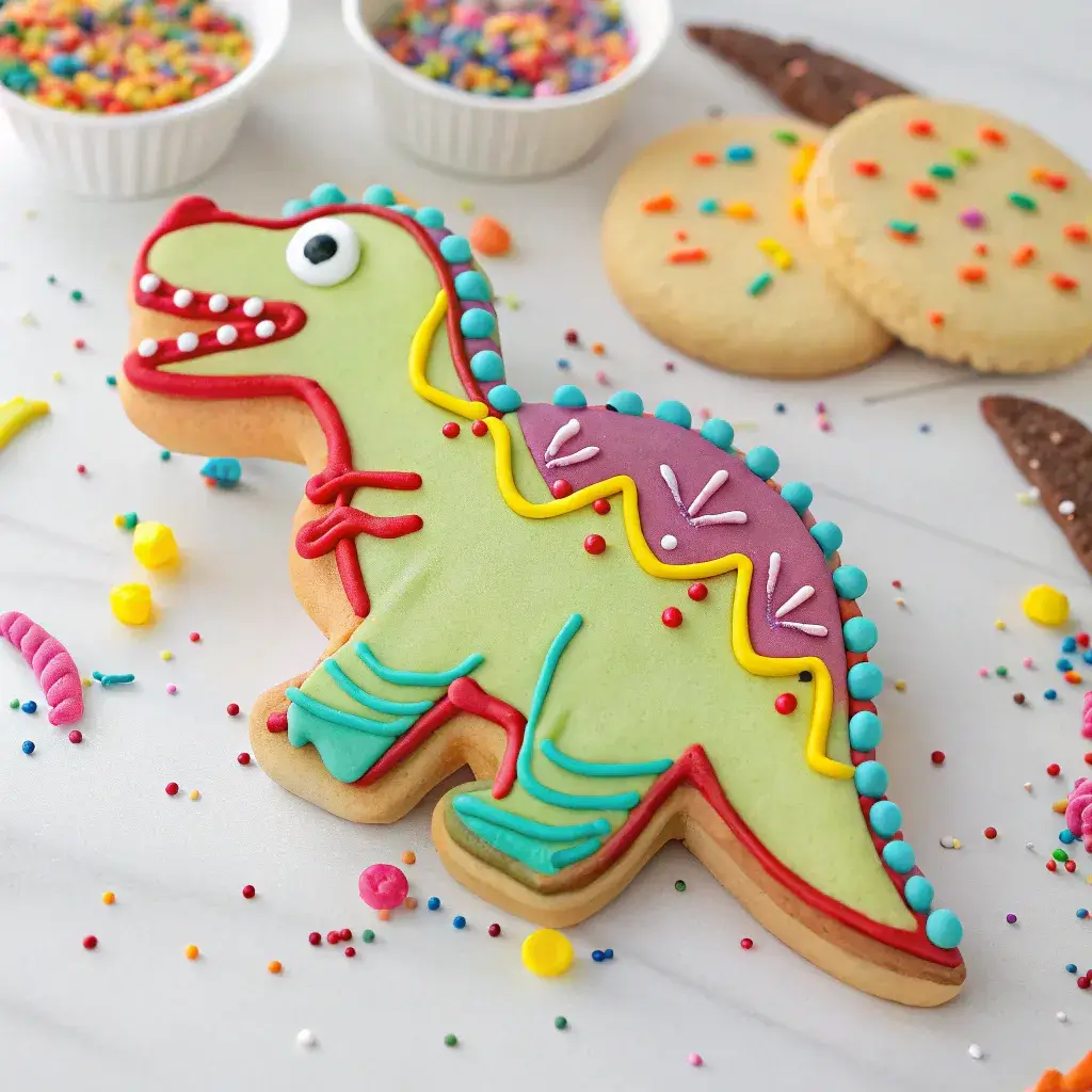 Decorated Cookies Dino with bright and colorful icing and sprinkles for extra fun.