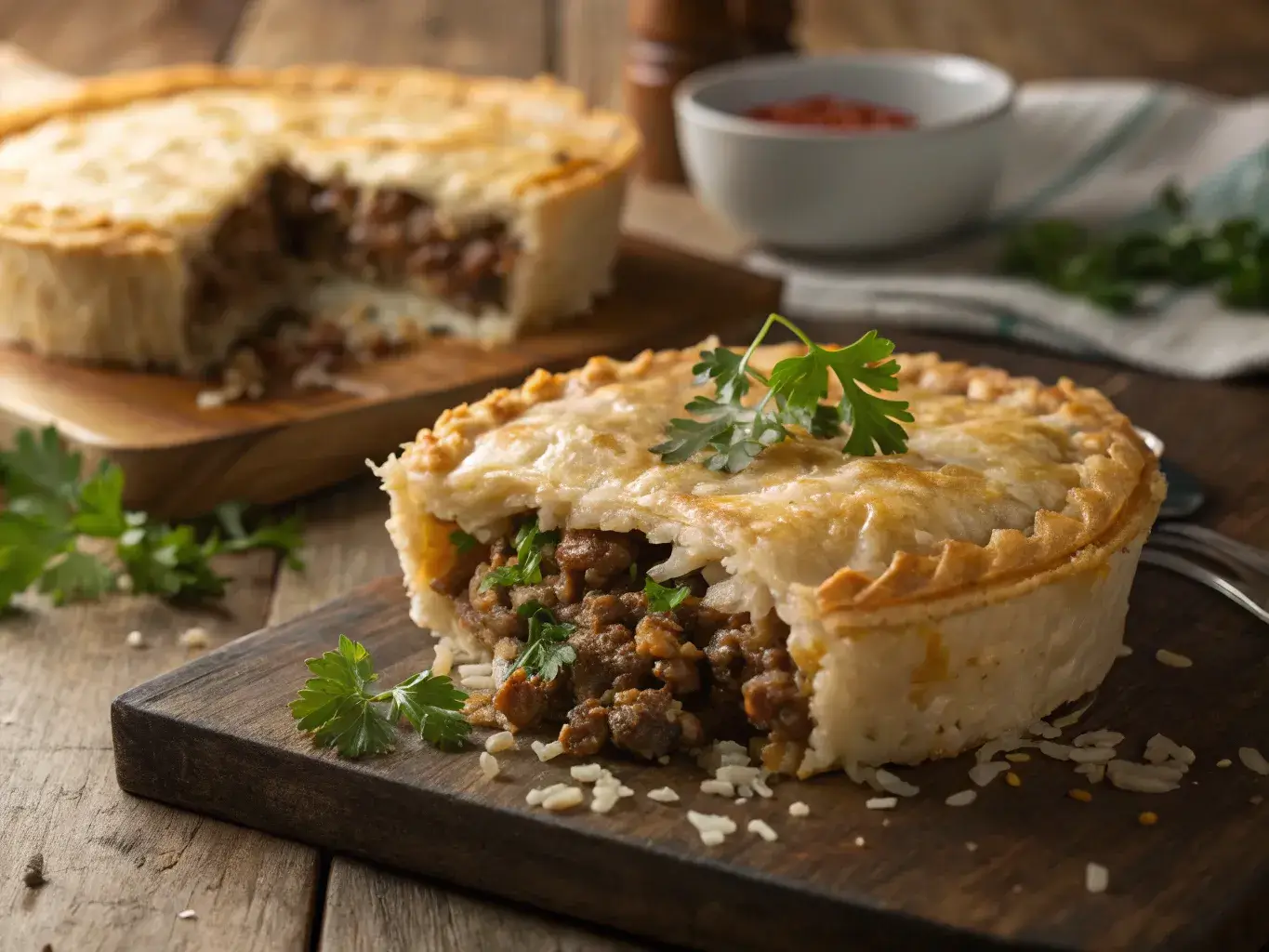 grond beef and rice pie fresh from the oven