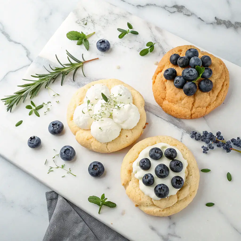Different flavors of fluffy cottage cheese cloud bread on marble countertop