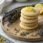 Freshly baked Lemon Lavender Cookies on wooden plate