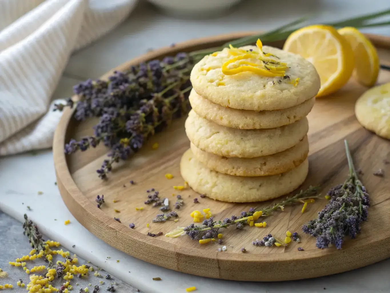 Freshly baked Lemon Lavender Cookies on wooden plate