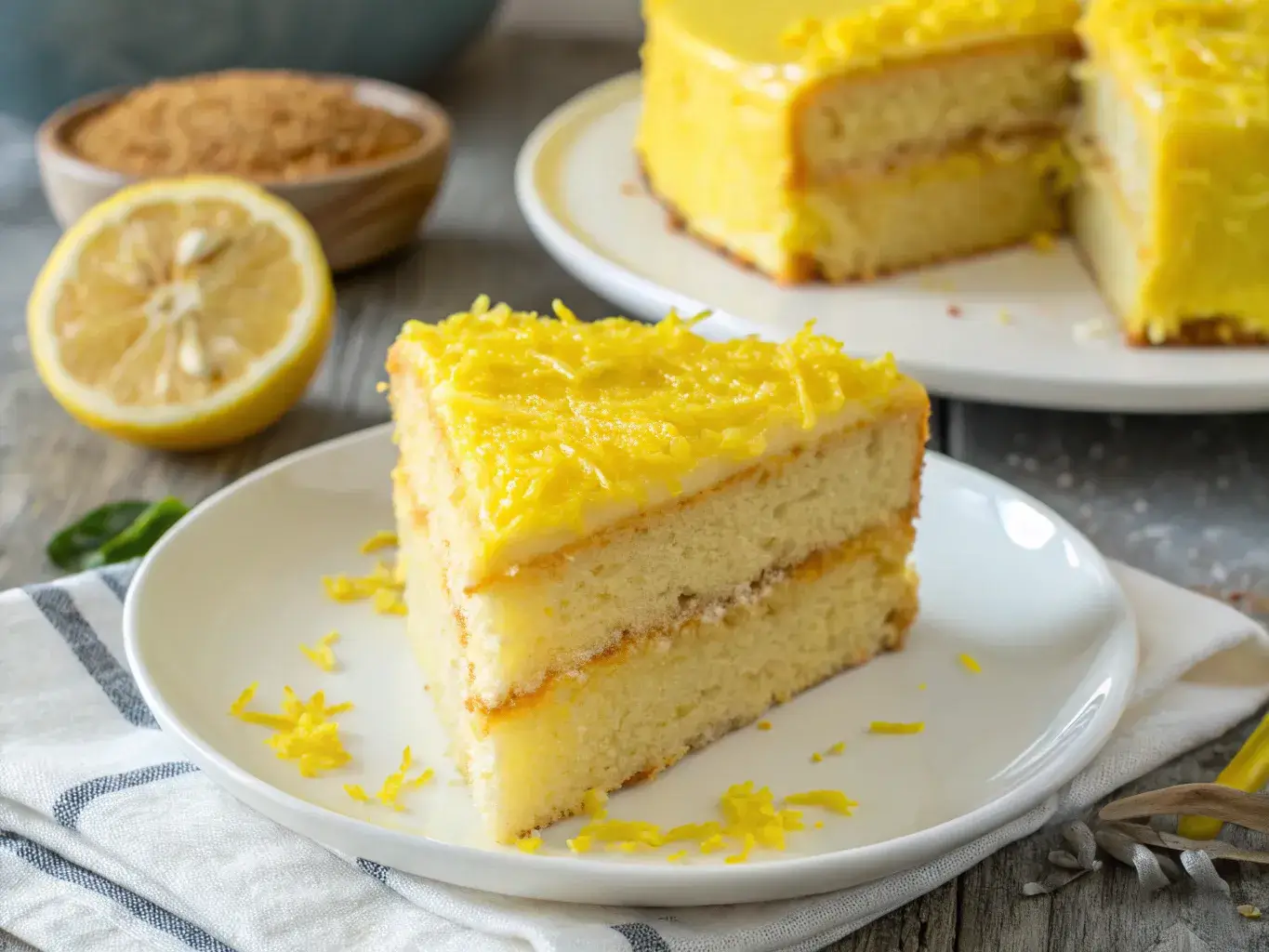 Wacky lemon cake slice with lemon zest close up