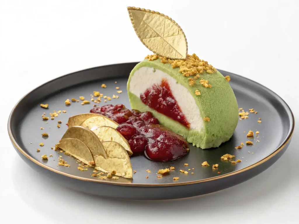 Plated tempura green tea ice cream with toppings