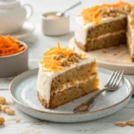 Slice of carrot protein cake with frosting