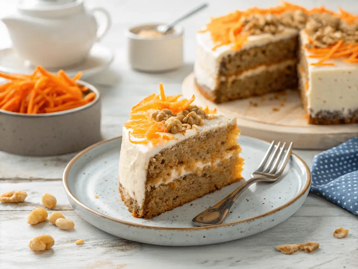 Slice of carrot protein cake with frosting