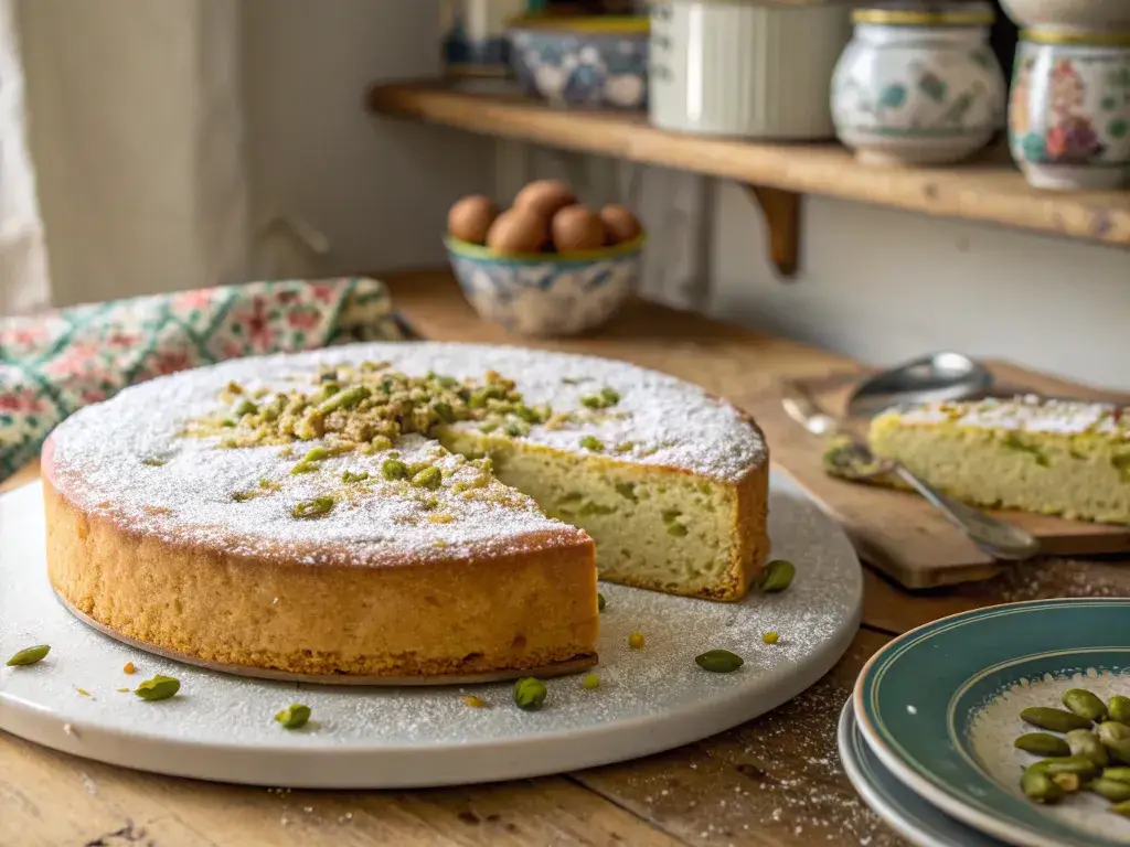 Pistachio Ricotta Cake freshly baked with powdered sugar on top