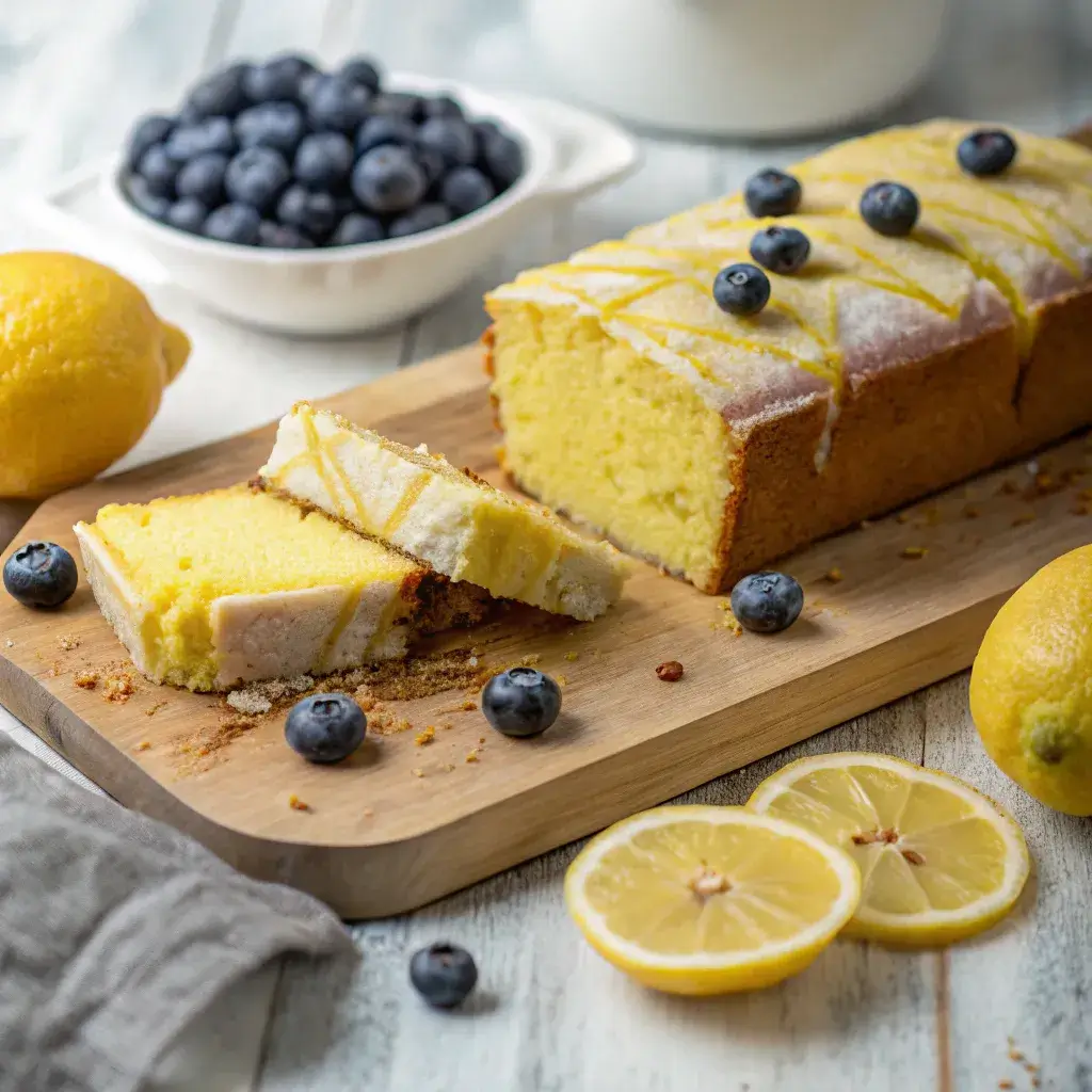 Sliced wacky lemon cake with fresh lemon and blueberries