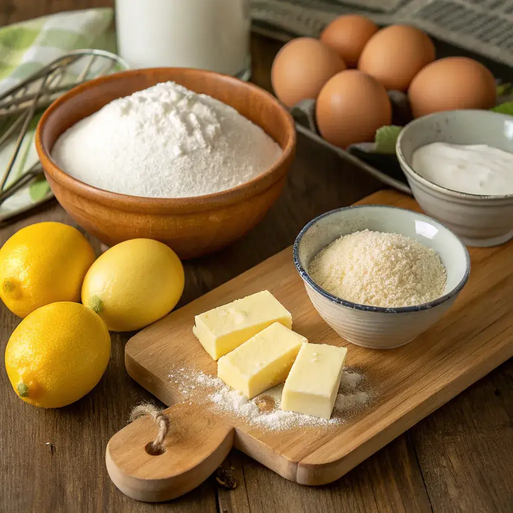 Ingredients for wacky lemon cake on a wooden counter