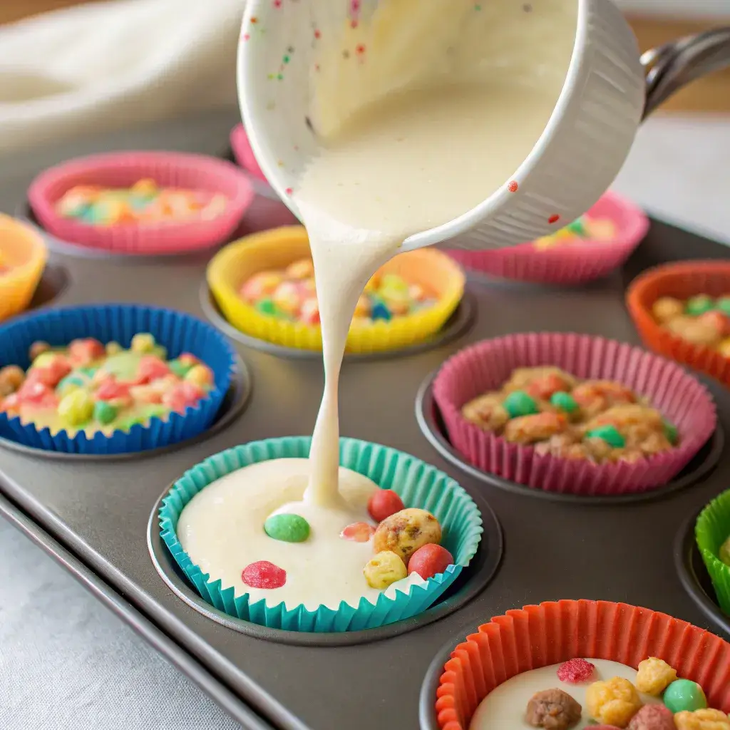 Fruity Pebbles Cupcake ingredients – flour, sugar, butter, cereal.