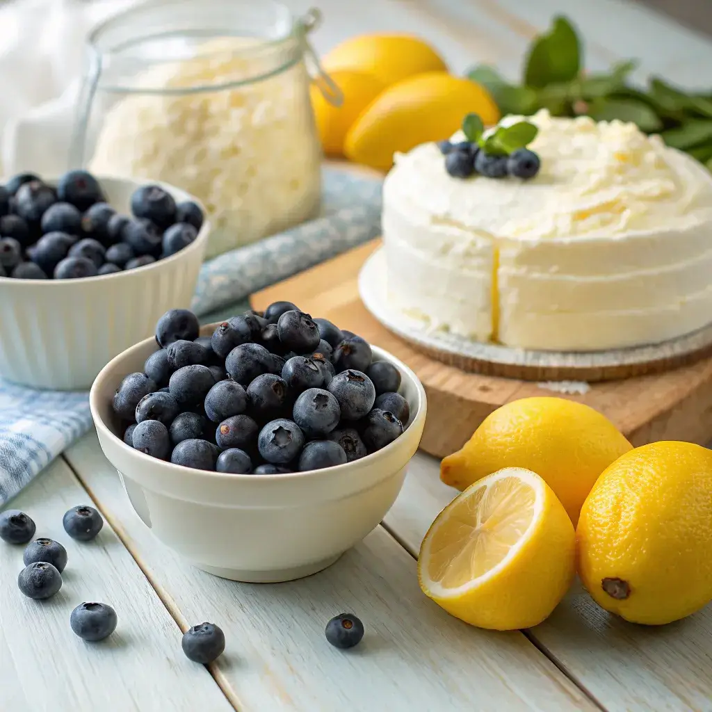 fresh ingredients for lemon blueberry mascarpone cake