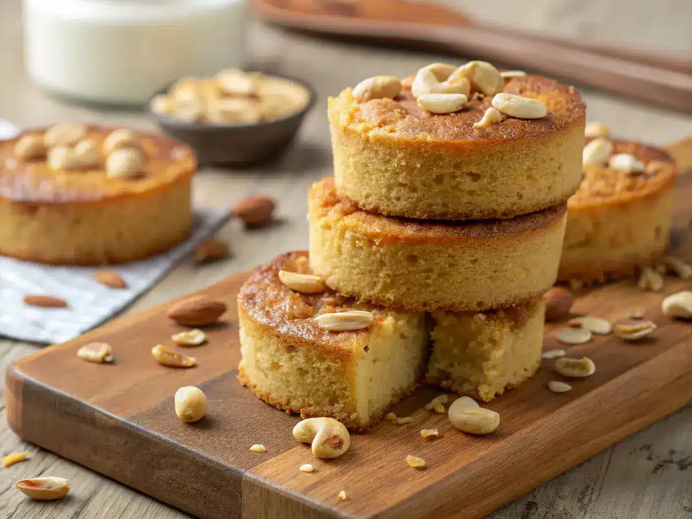 Freshly baked cashew cake islands stacked on wooden board