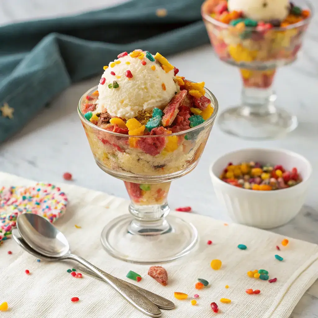 Fruity Pebbles Cupcake served as a sundae.