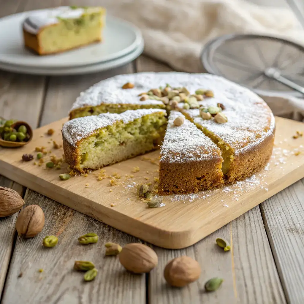 Pistachio Ricotta Cake freshly baked with powdered sugar on top