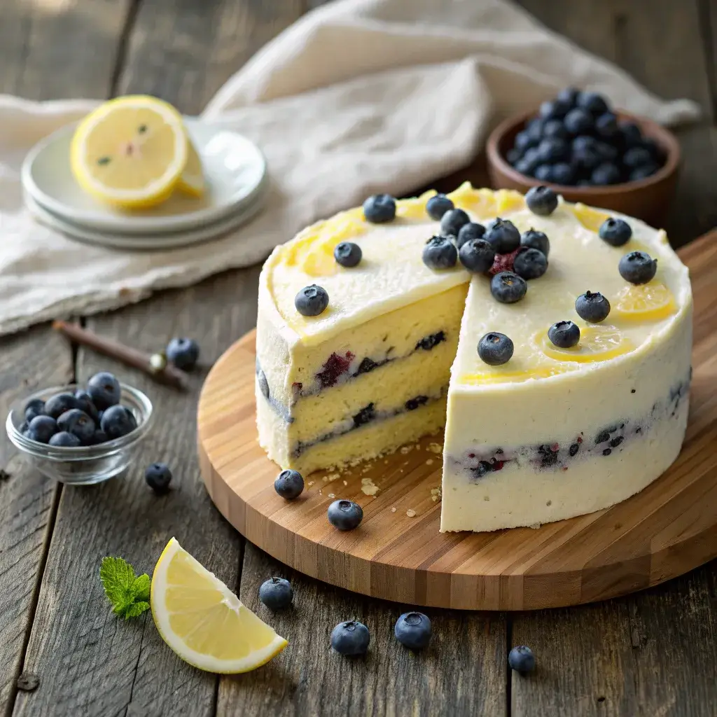 lemon blueberry mascarpone cake close-up