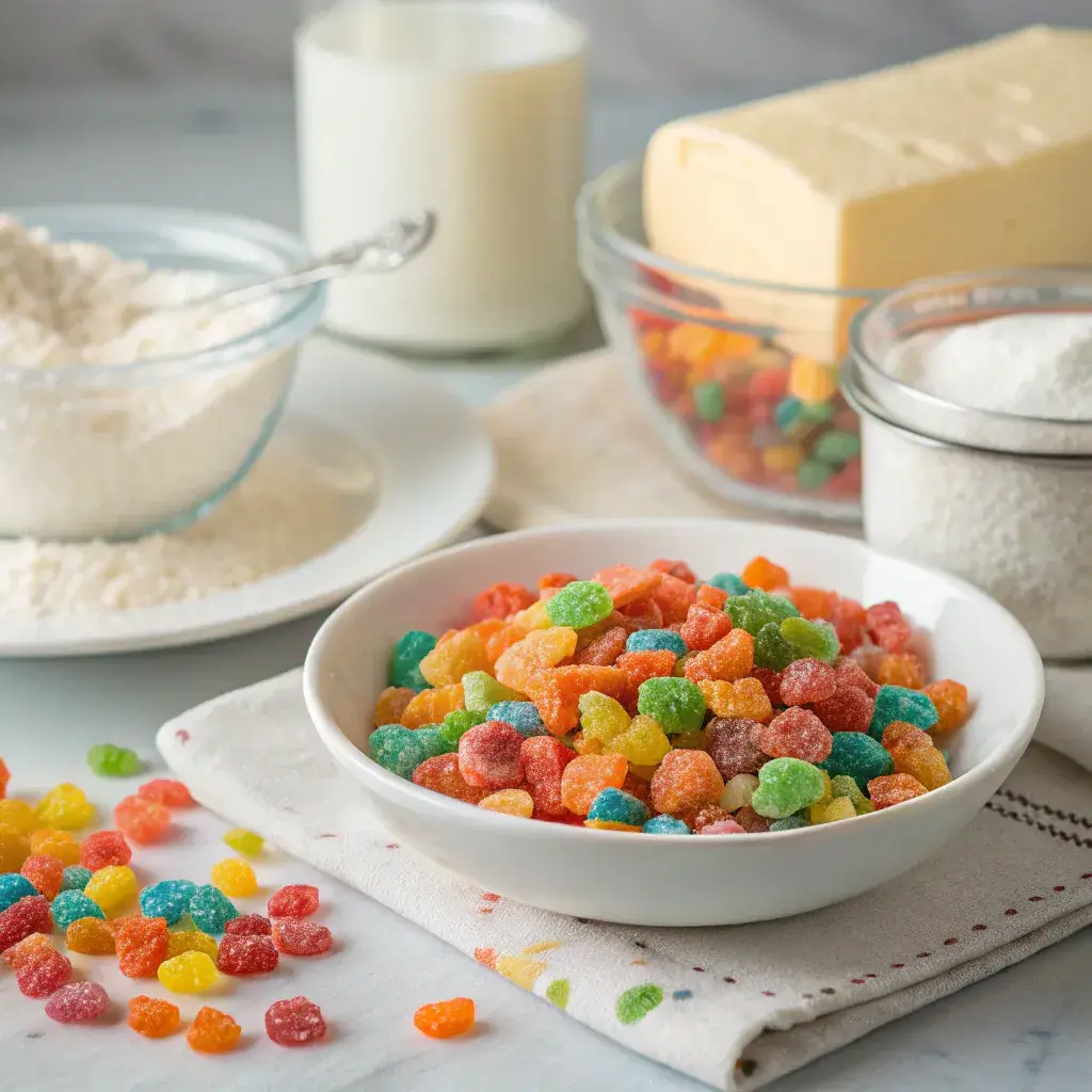 Fruity Pebbles Cupcake ingredients – flour, sugar, butter, cereal.