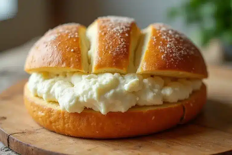 Fluffy cottage cheese cloud bread on wooden cutting board