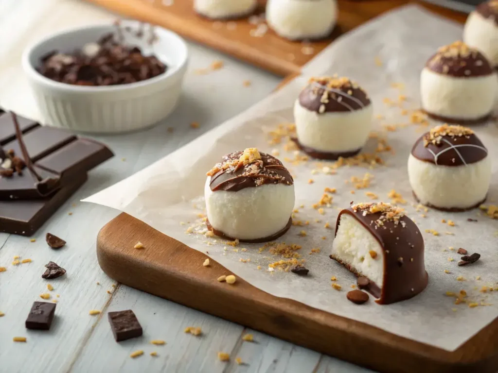 Easy Frozen Greek Yogurt Bites on Parchment with Chocolate Coating