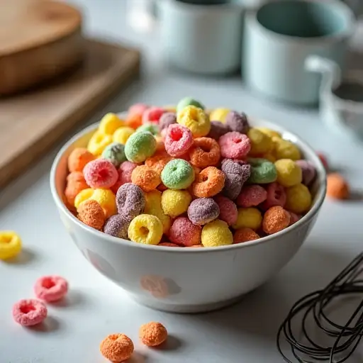 Fruity Pebbles cereal in a mixing bowl