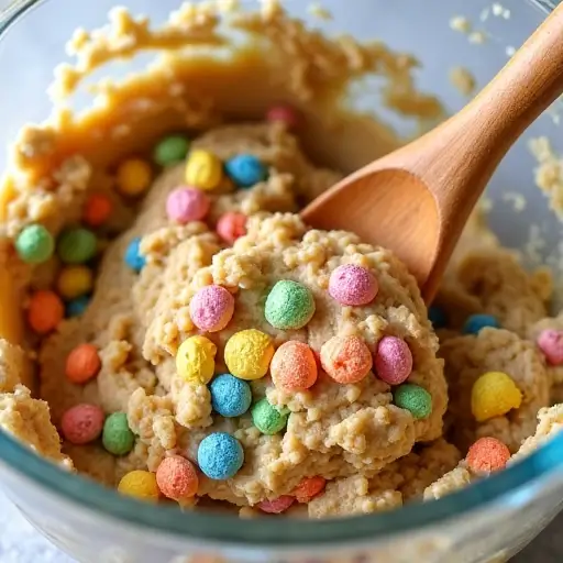 Fruity Pebbles cookie dough in a mixing bowl