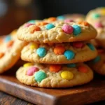 Fruity Pebbles Cookies stacked fresh from the oven