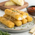 Gluten free mozzarella cheese sticks served hot