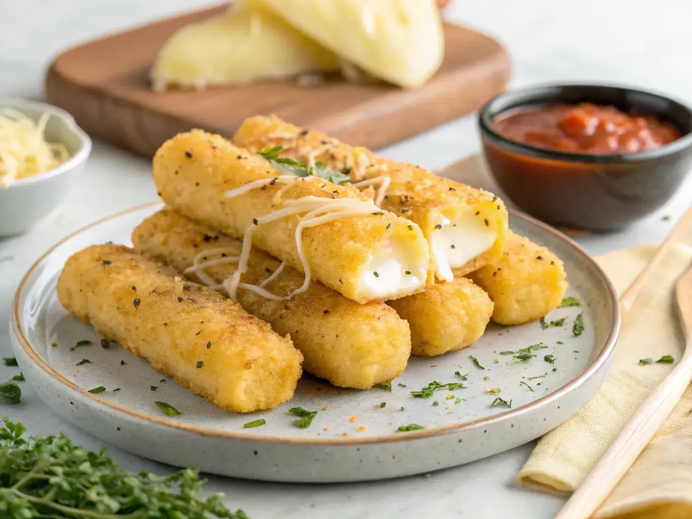 Gluten free mozzarella cheese sticks served hot