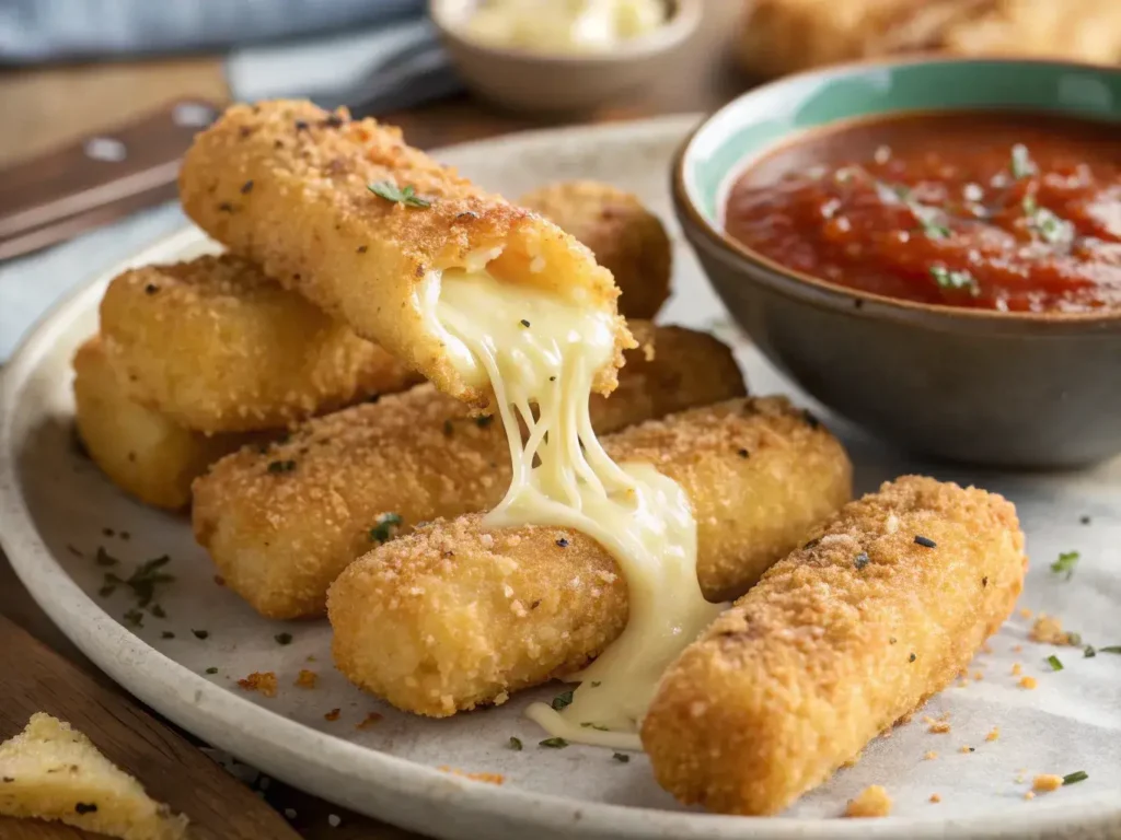 Gluten free mozzarella cheese sticks served hot