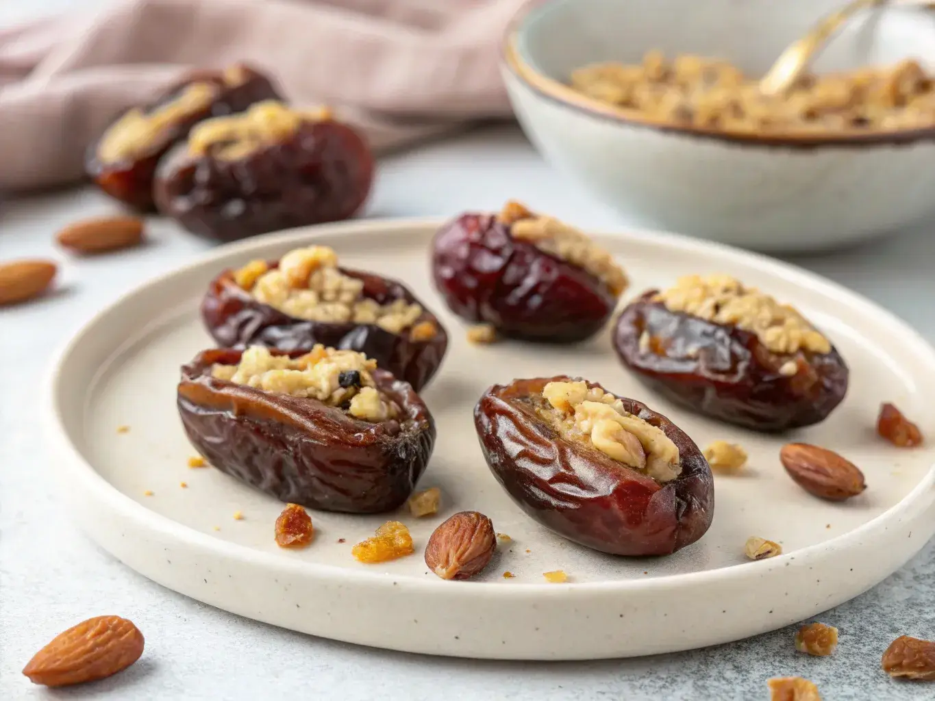 Healthy Cookie Dough Stuffed Dates on a plate