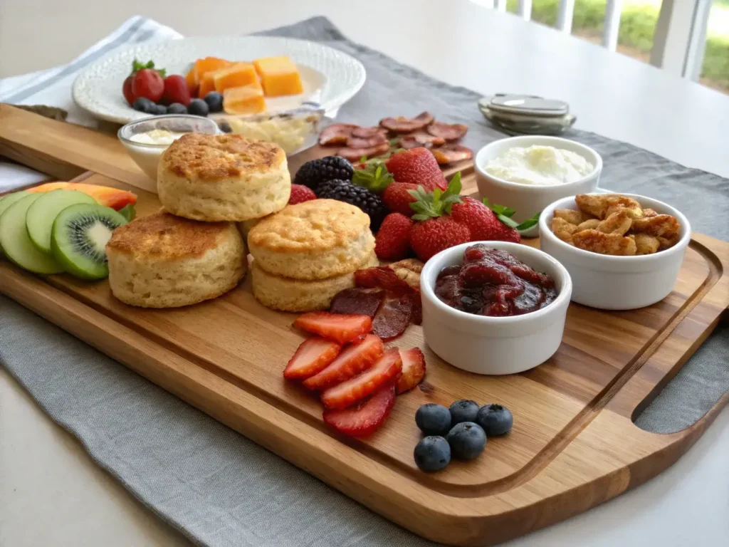 Maple biscuits on a brunch board with fruit and spreads