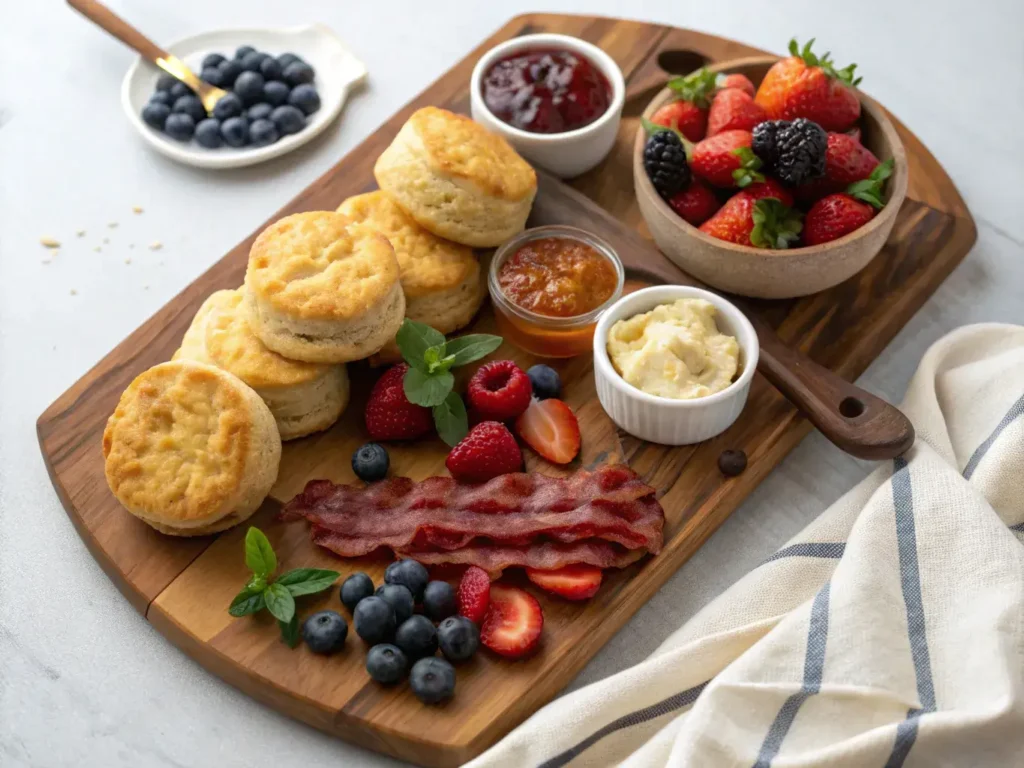 Maple biscuits on a brunch board with fruit and spreads