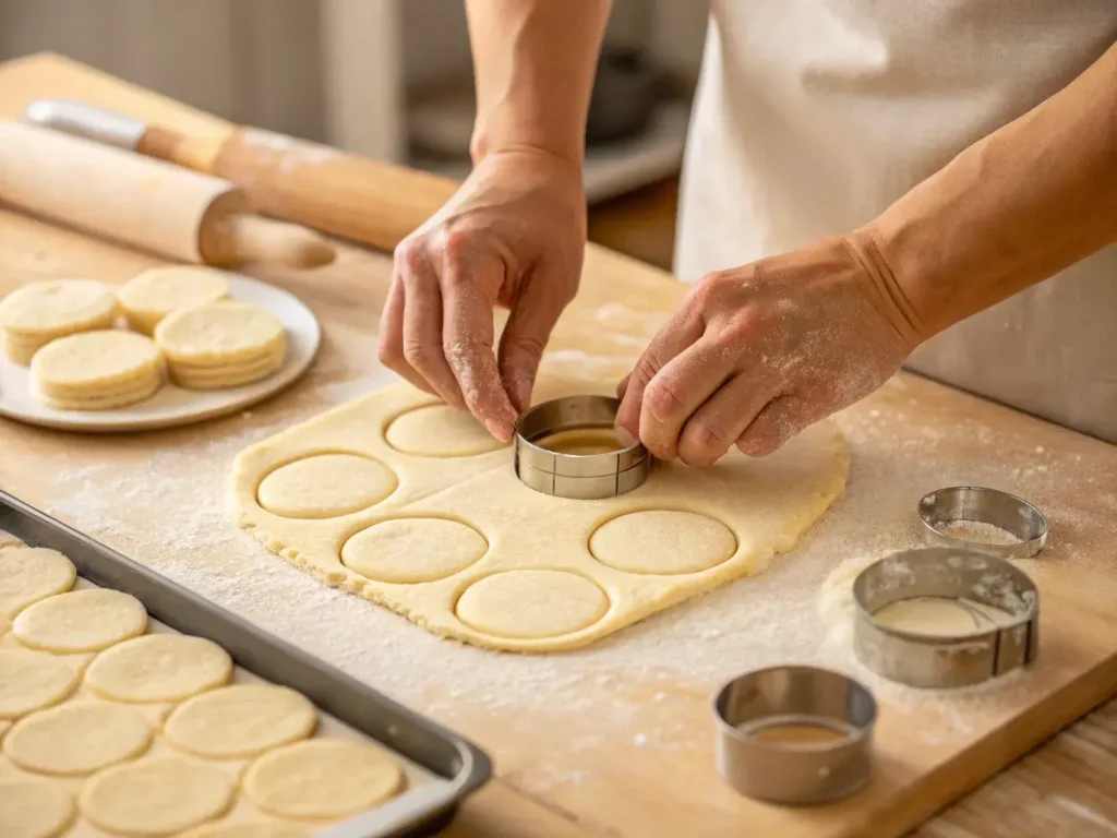 Preparing maple biscuit dough on floured surface