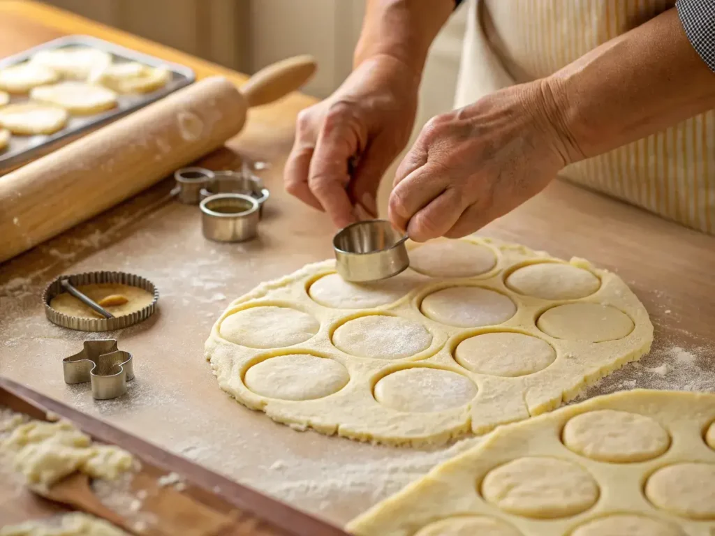 Preparing maple biscuit dough on floured surface