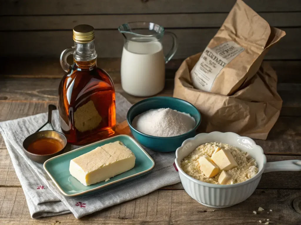 Maple biscuit ingredients on a rustic wooden counter